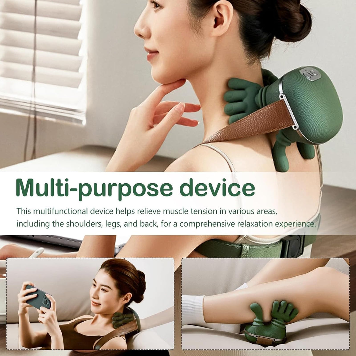 Hand-Like Neck & Shoulder Massager with 4D Kneading and Heat – Portable Massage Device for Back, Legs, and Neck Relaxation (Forest Green)