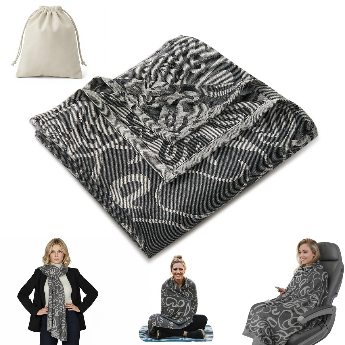 Premium Travel Blanket – Ultra-Soft Knit Wrap for Airplane, Car, Office Naps, and Gifts – Lightweight, Breathable, and Stylish with Storage Bag (Black)