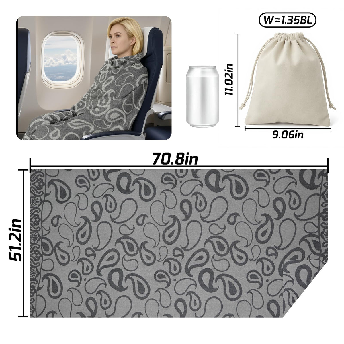 Premium Travel Blanket – Ultra-Soft Knit Wrap for Airplane, Car, Office Naps, and Gifts – Lightweight, Breathable, and Stylish with Storage Bag (Black)