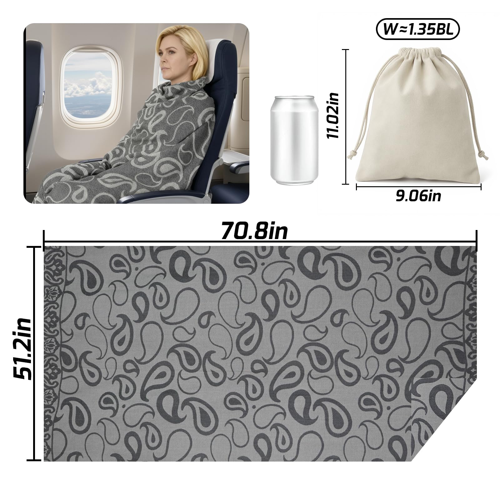 Premium Travel Blanket – Ultra-Soft Knit Wrap for Airplane, Car, Office Naps, and Gifts – Lightweight, Breathable, and Stylish with Storage Bag (Black)