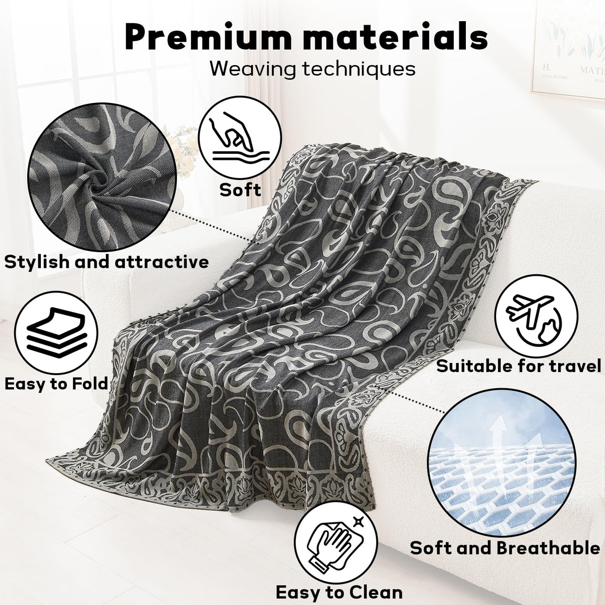 Premium Travel Blanket – Ultra-Soft Knit Wrap for Airplane, Car, Office Naps, and Gifts – Lightweight, Breathable, and Stylish with Storage Bag (Black)