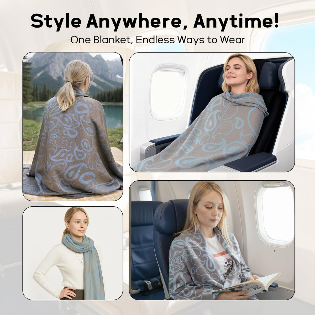 Premium Travel Blanket – Ultra-Soft Knit Wrap for Airplane, Car, Office Naps, and Gifts – Lightweight, Breathable, and Stylish with Storage Bag (Blue)