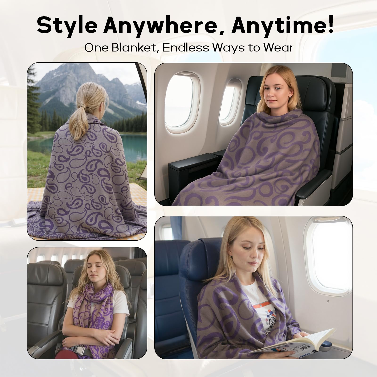 Premium Travel Blanket – Ultra-Soft Knit Wrap for Airplane, Car, Office Naps, and Gifts – Lightweight, Breathable, and Stylish with Storage Bag (Purple)