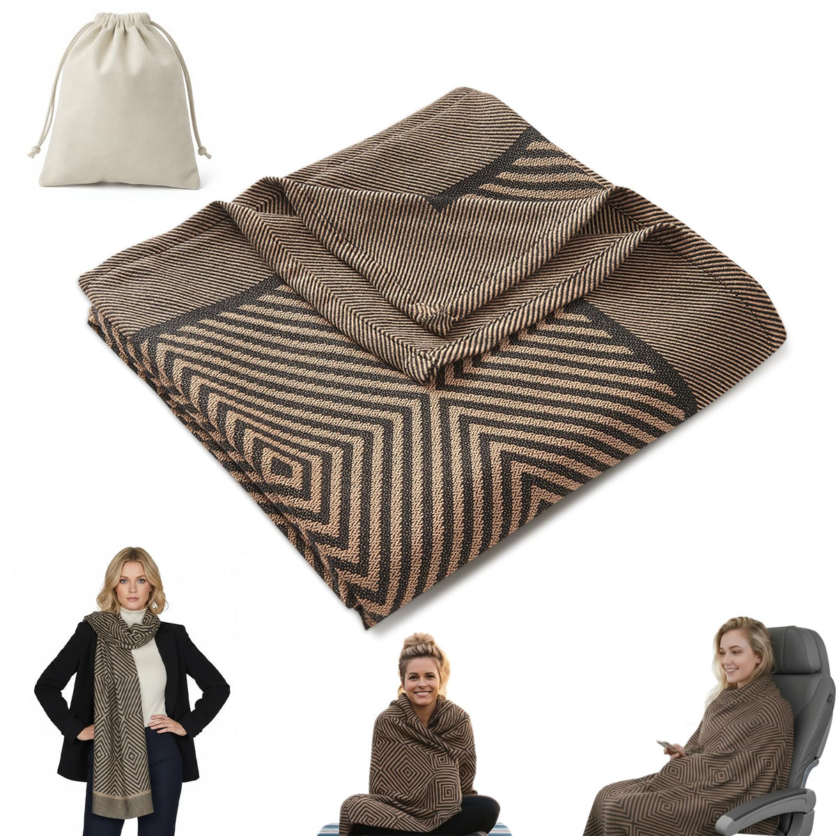 Premium Travel Blanket – Ultra-Soft Knit Wrap for Airplane, Car, Office Naps, and Gifts – Lightweight, Breathable, and Stylish with Storage Bag (Brown)