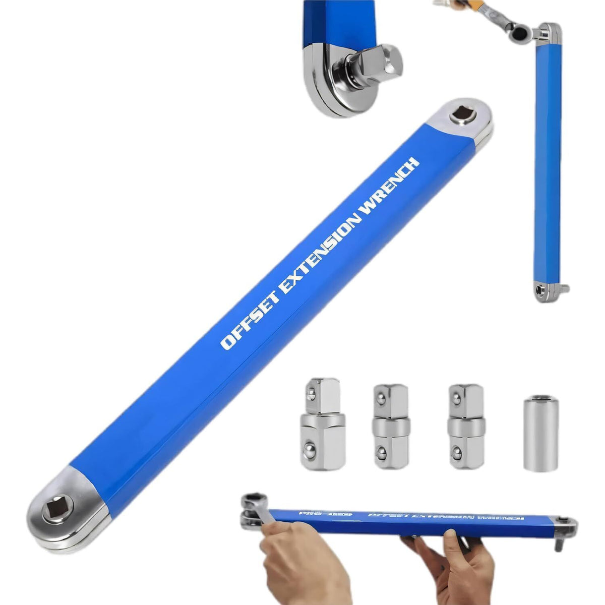 Blue Offset Extension Wrench Set – 15.35" Long, 1/4", 3/8", 1/2" Square Drive Adapters &amp; 1/4" Socket | Ideal for Tight Spaces