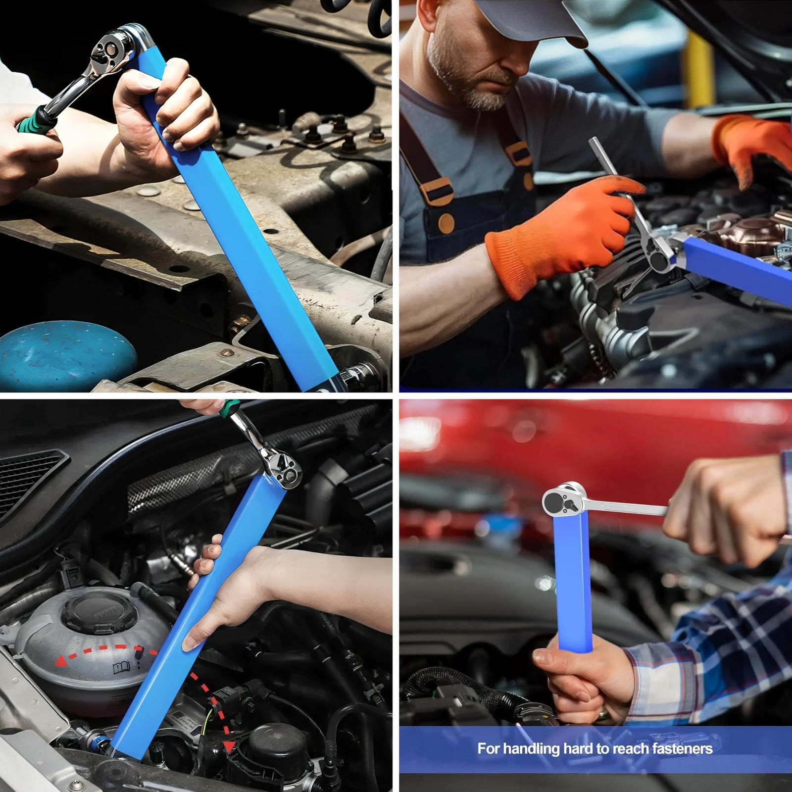 Blue Offset Extension Wrench Set – 15.35" Long, 1/4", 3/8", 1/2" Square Drive Adapters & 1/4" Socket | Ideal for Tight Spaces