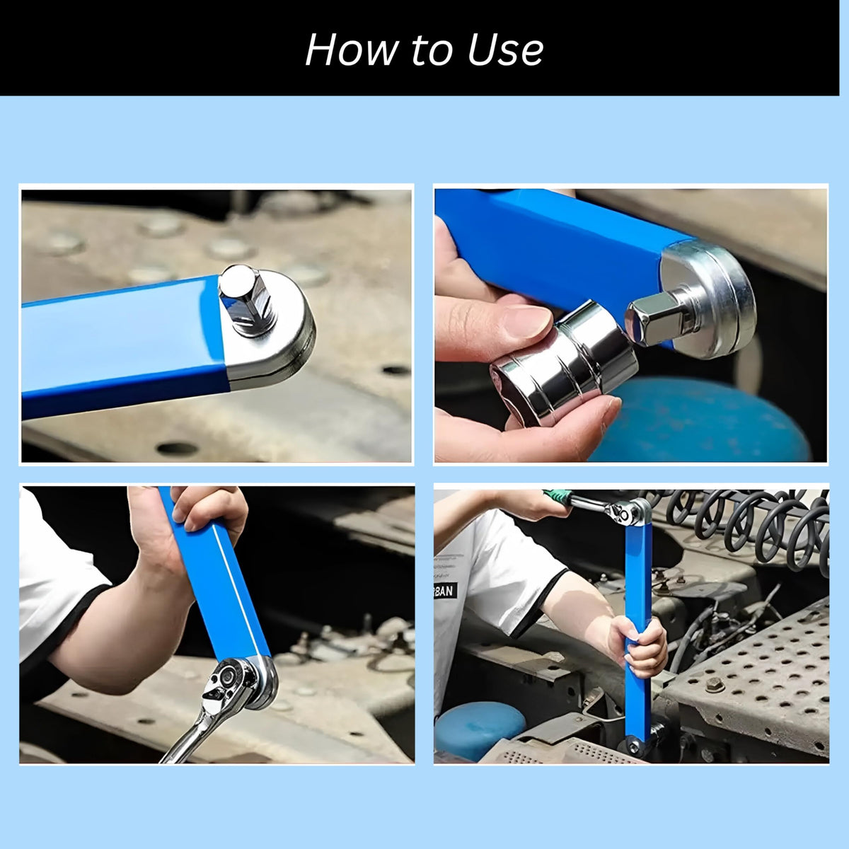 Blue Offset Extension Wrench Set – 15.35" Long, 1/4", 3/8", 1/2" Square Drive Adapters & 1/4" Socket | Ideal for Tight Spaces