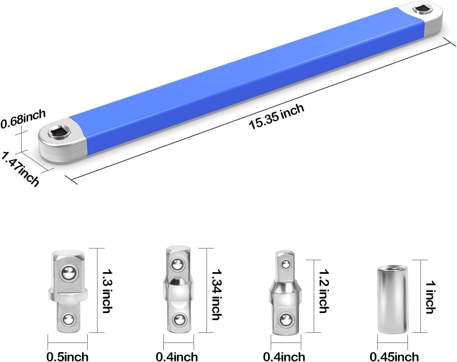Blue Offset Extension Wrench Set – 15.35" Long, 1/4", 3/8", 1/2" Square Drive Adapters & 1/4" Socket | Ideal for Tight Spaces