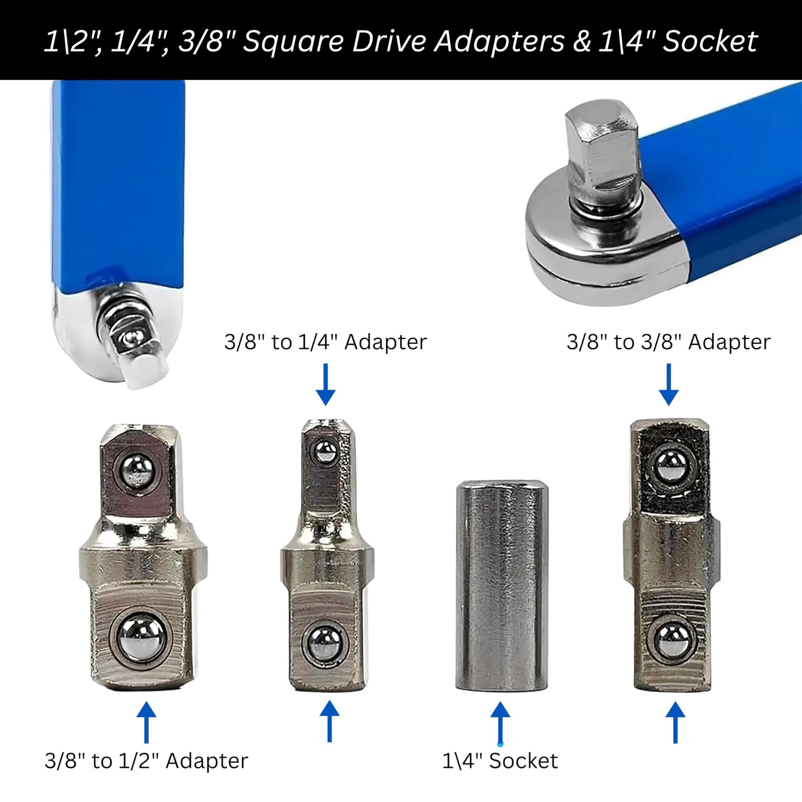 Blue Offset Extension Wrench Set – 15.35" Long, 1/4", 3/8", 1/2" Square Drive Adapters & 1/4" Socket | Ideal for Tight Spaces