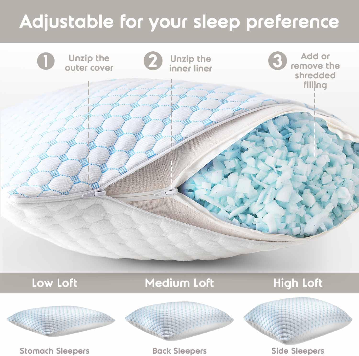 King Size Cooling Pillow with Shredded Memory Foam & Gel Infusion – Adjustable Loft, Breathable Dual-Sided Cover, 20" x 36" (Blue) | Other Sizes Available in Store