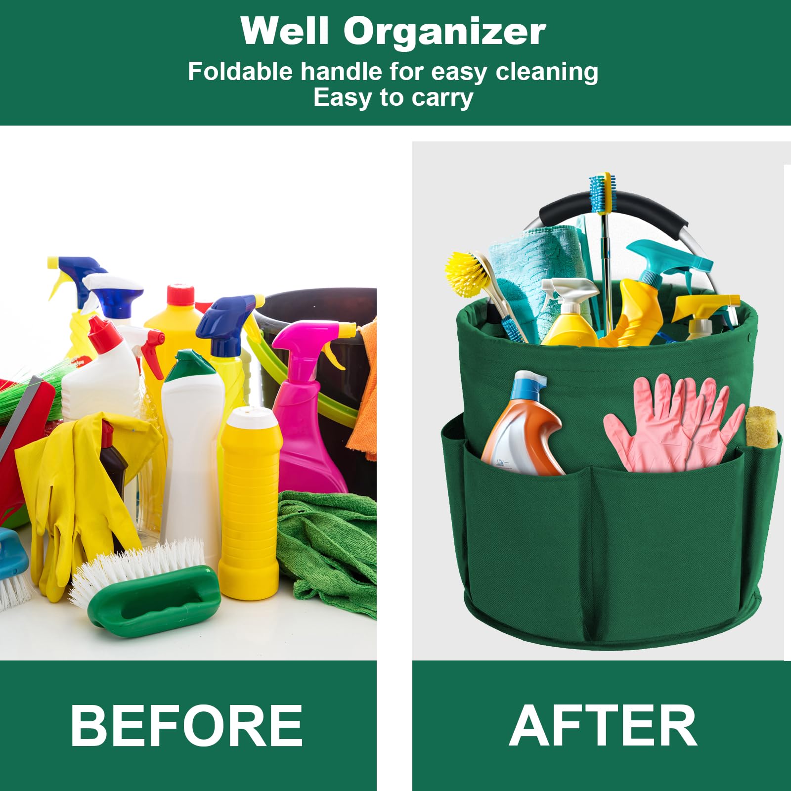 Green Foldable Cleaning Caddy with 6 Outer Pockets: 17L Collapsible Storage Basket for Household, Bathroom, Picnic & Beach – Durable Oxford Cloth Organizer  | Other colors available in store