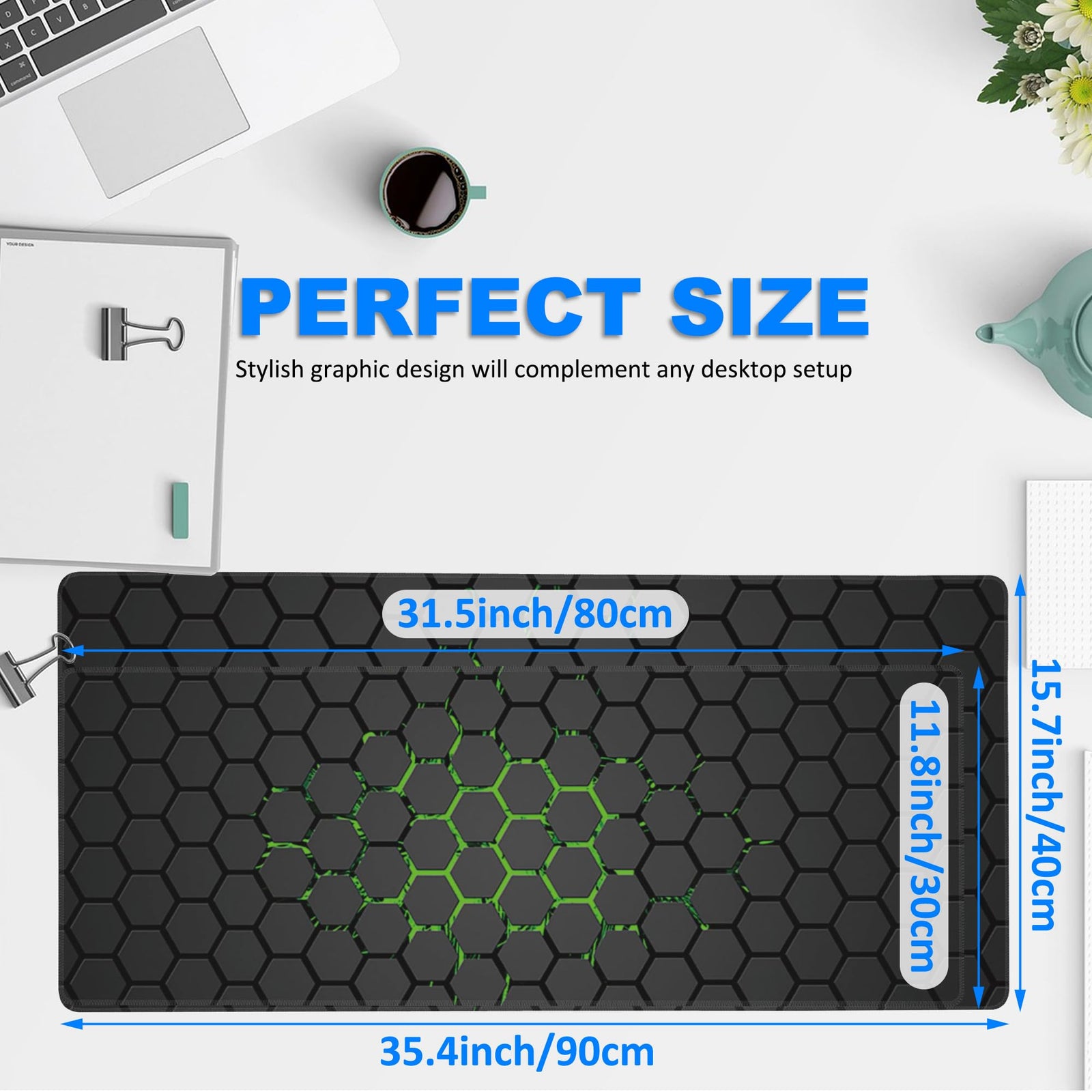 Extra Large Gaming Mouse Pad with Hexagonal Design – Anti-Slip Desk Mat for Keyboard, Mouse & Office Use, Durable Stitched Edge, Smooth Fabric Surface (Black)