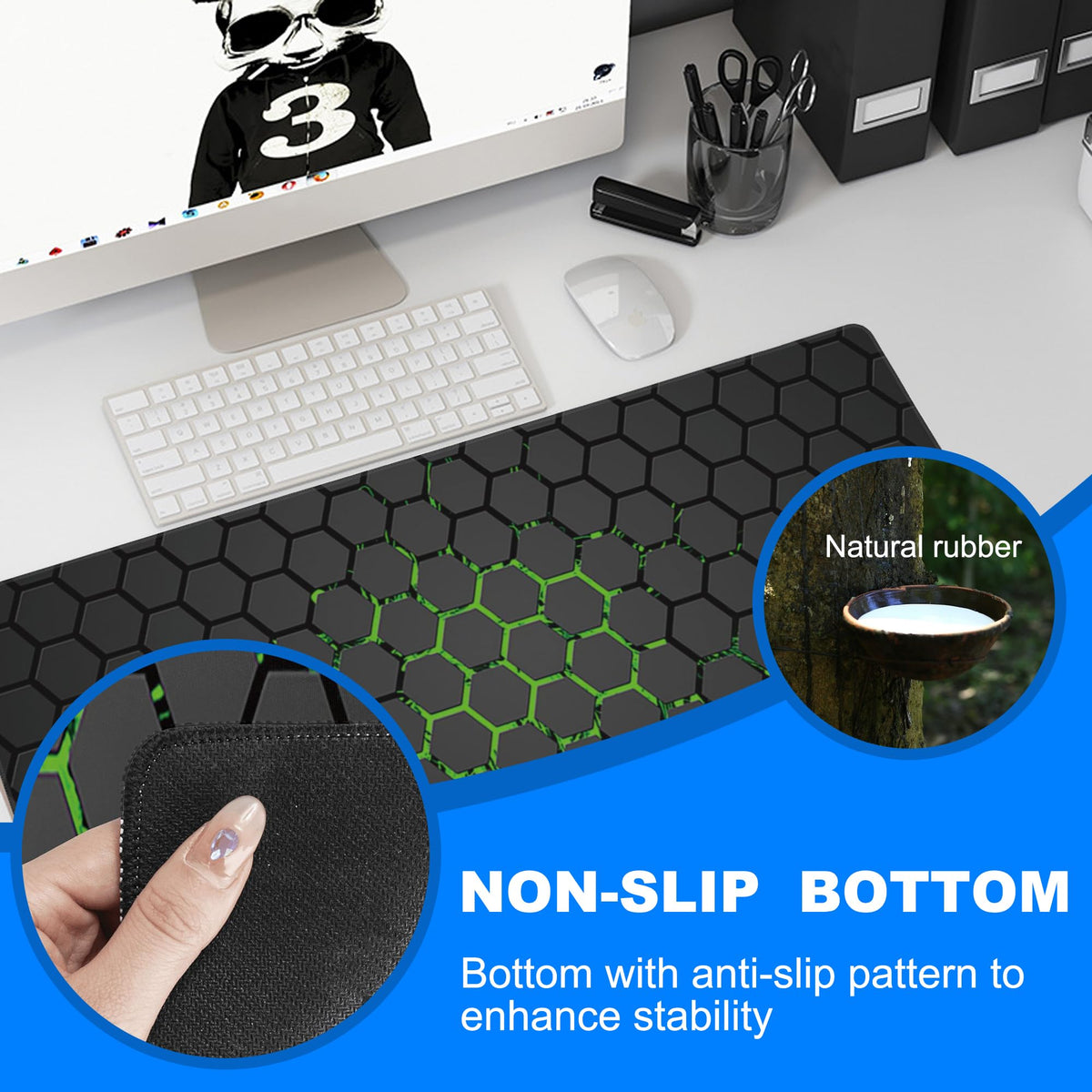 Extra Large Gaming Mouse Pad with Hexagonal Design – Anti-Slip Desk Mat for Keyboard, Mouse & Office Use, Durable Stitched Edge, Smooth Fabric Surface (Black)