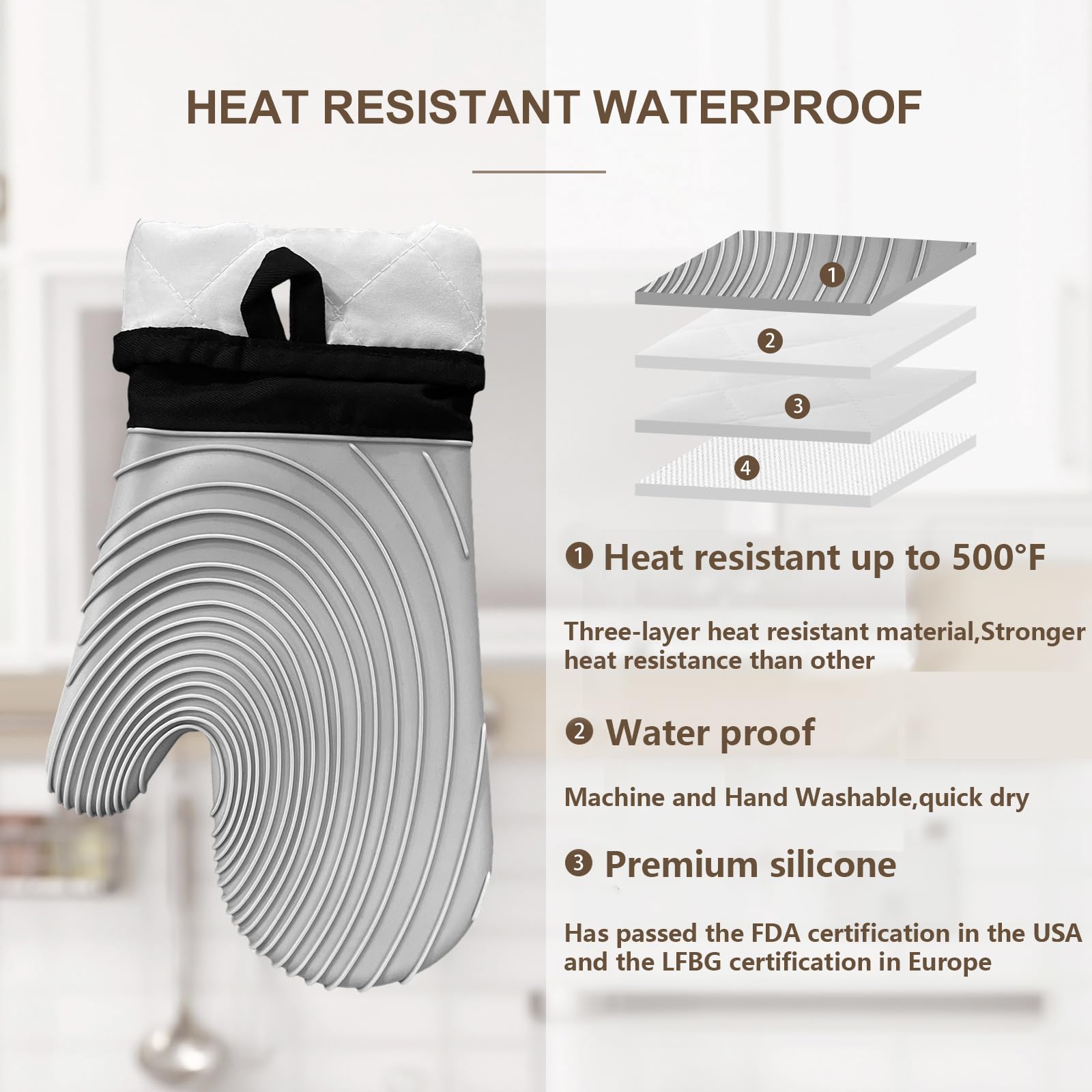 Premium Silicone Oven Mitts – Heat Resistant Up to 500°F, Non-Slip Grip, Easy to Clean, Food Grade & BPA-Free, Ideal for Grilling, Baking, Cooking, Microwave Use (Grey)