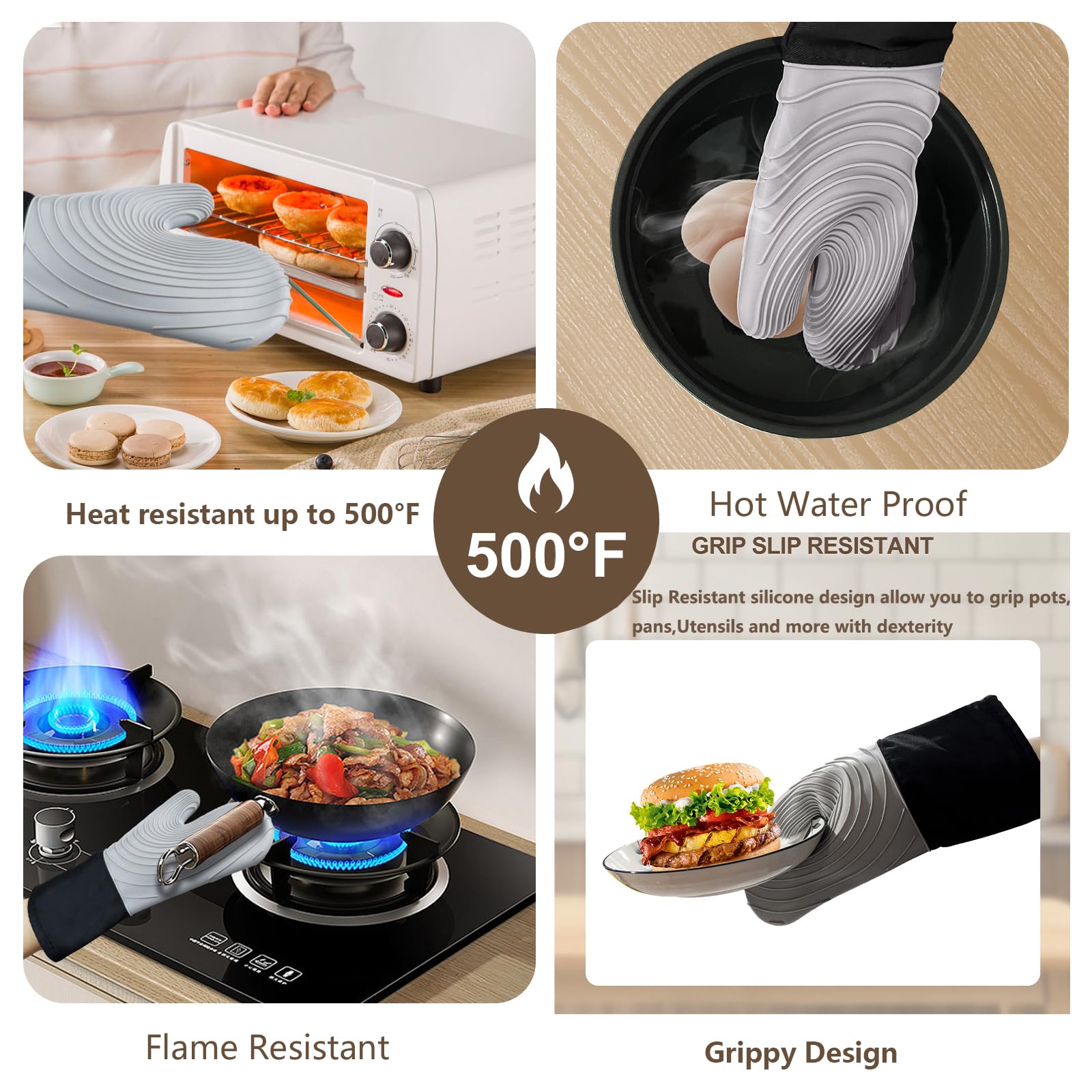 Premium Silicone Oven Mitts – Heat Resistant Up to 500°F, Non-Slip Grip, Easy to Clean, Food Grade & BPA-Free, Ideal for Grilling, Baking, Cooking, Microwave Use (Grey)