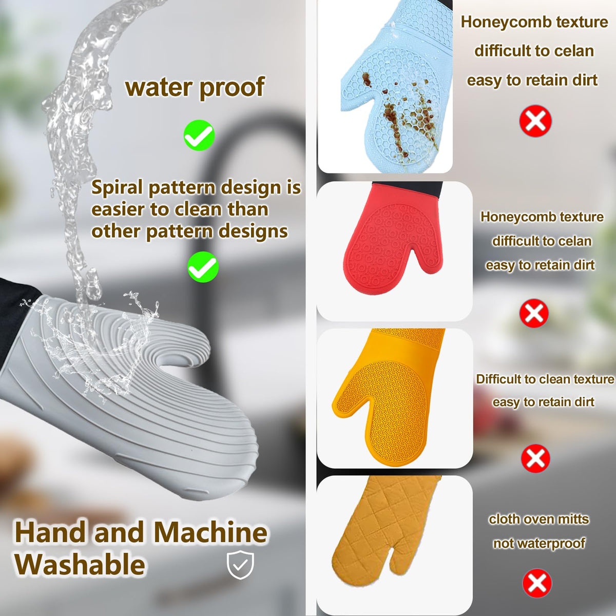 Premium Silicone Oven Mitts – Heat Resistant Up to 500°F, Non-Slip Grip, Easy to Clean, Food Grade & BPA-Free, Ideal for Grilling, Baking, Cooking, Microwave Use (Grey)