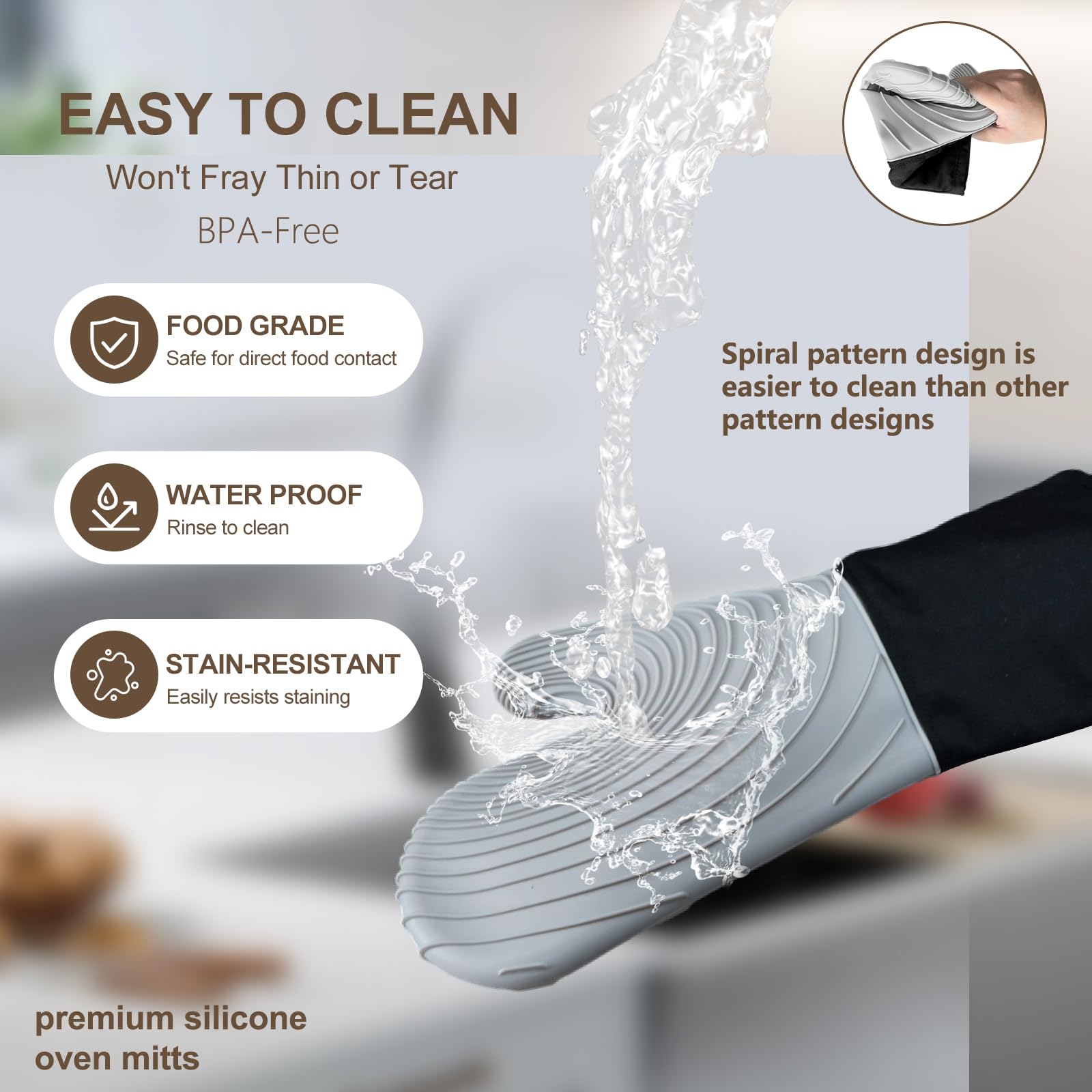 Premium Silicone Oven Mitts – Heat Resistant Up to 500°F, Non-Slip Grip, Easy to Clean, Food Grade & BPA-Free, Ideal for Grilling, Baking, Cooking, Microwave Use (Grey)