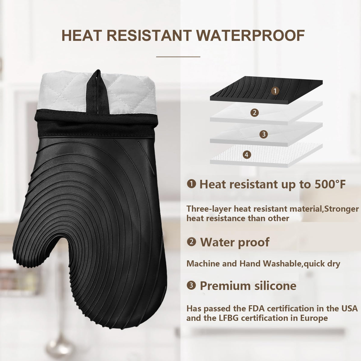 Premium Silicone Oven Mitts – Heat Resistant Up to 500°F, Non-Slip Grip, Easy to Clean, Food Grade & BPA-Free, Ideal for Grilling, Baking, Cooking, Microwave Use (Black)