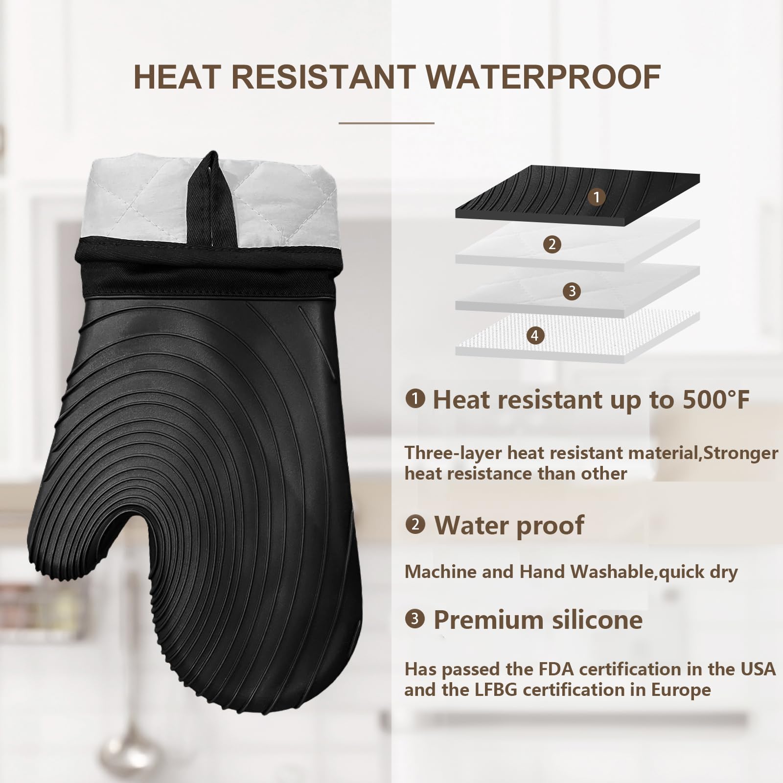 Premium Silicone Oven Mitts – Heat Resistant Up to 500°F, Non-Slip Grip, Easy to Clean, Food Grade & BPA-Free, Ideal for Grilling, Baking, Cooking, Microwave Use (Black)