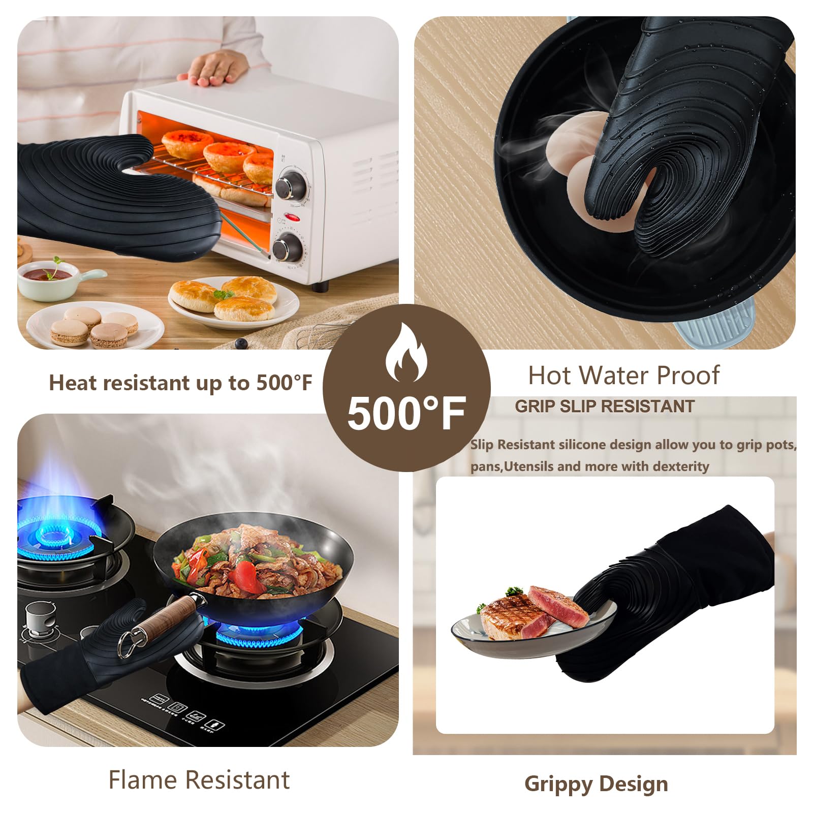 Premium Silicone Oven Mitts – Heat Resistant Up to 500°F, Non-Slip Grip, Easy to Clean, Food Grade & BPA-Free, Ideal for Grilling, Baking, Cooking, Microwave Use (Black)
