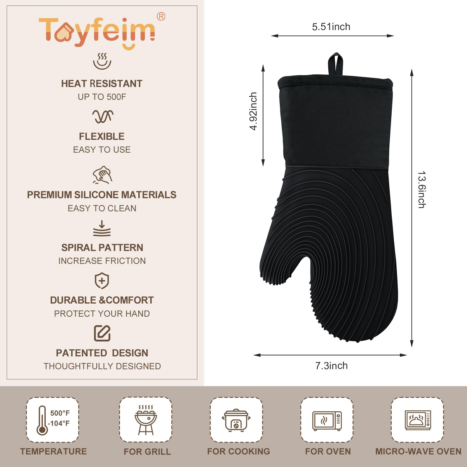 Premium Silicone Oven Mitts – Heat Resistant Up to 500°F, Non-Slip Grip, Easy to Clean, Food Grade & BPA-Free, Ideal for Grilling, Baking, Cooking, Microwave Use (Black)