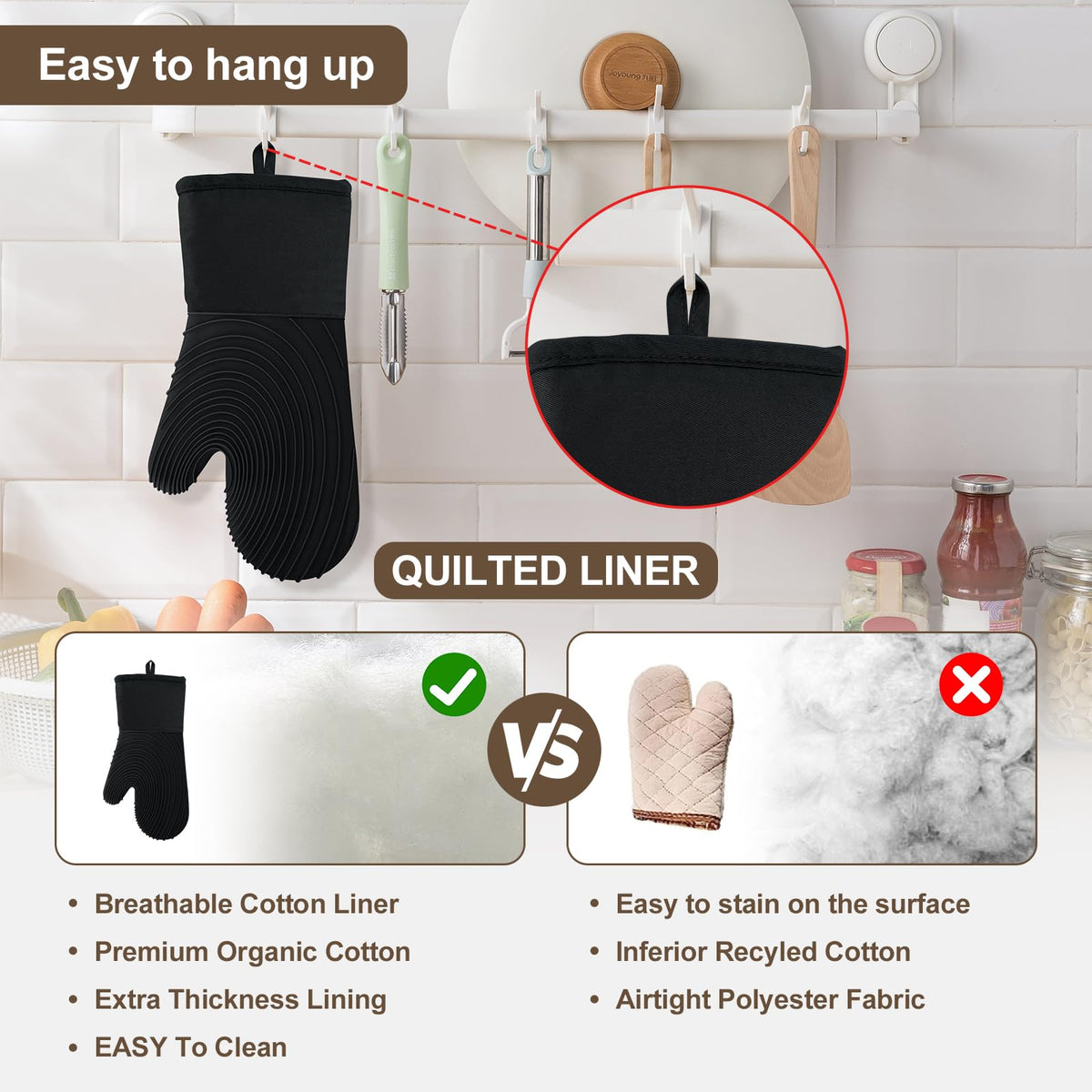 Premium Silicone Oven Mitts – Heat Resistant Up to 500°F, Non-Slip Grip, Easy to Clean, Food Grade & BPA-Free, Ideal for Grilling, Baking, Cooking, Microwave Use (Black)