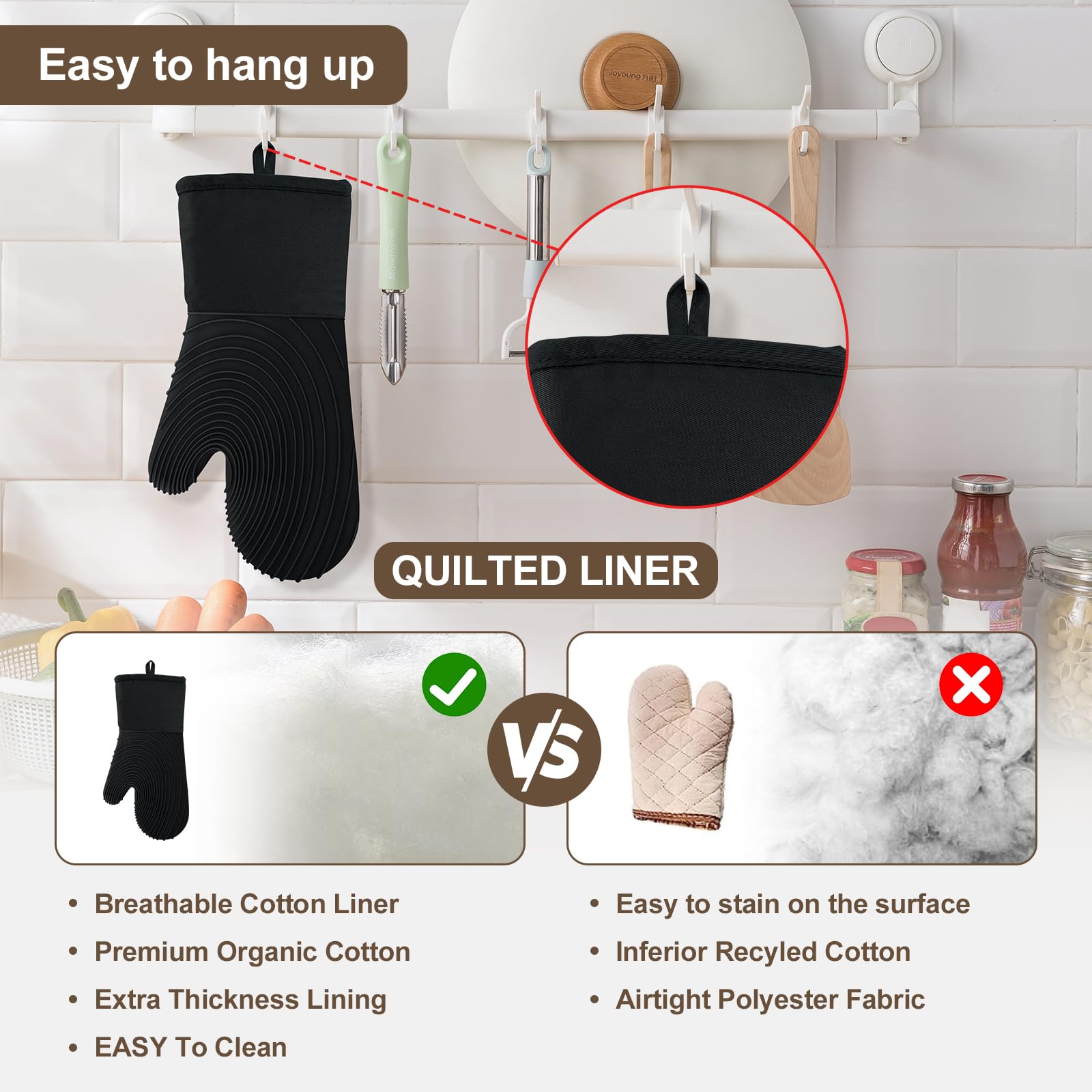 Premium Silicone Oven Mitts – Heat Resistant Up to 500°F, Non-Slip Grip, Easy to Clean, Food Grade & BPA-Free, Ideal for Grilling, Baking, Cooking, Microwave Use (Black)