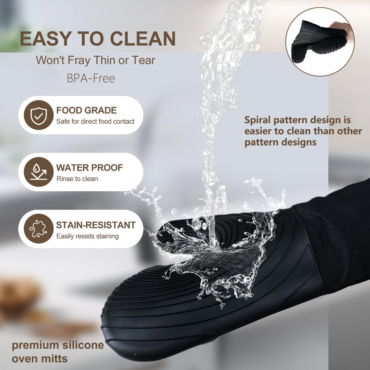 Premium Silicone Oven Mitts – Heat Resistant Up to 500°F, Non-Slip Grip, Easy to Clean, Food Grade & BPA-Free, Ideal for Grilling, Baking, Cooking, Microwave Use (Black)