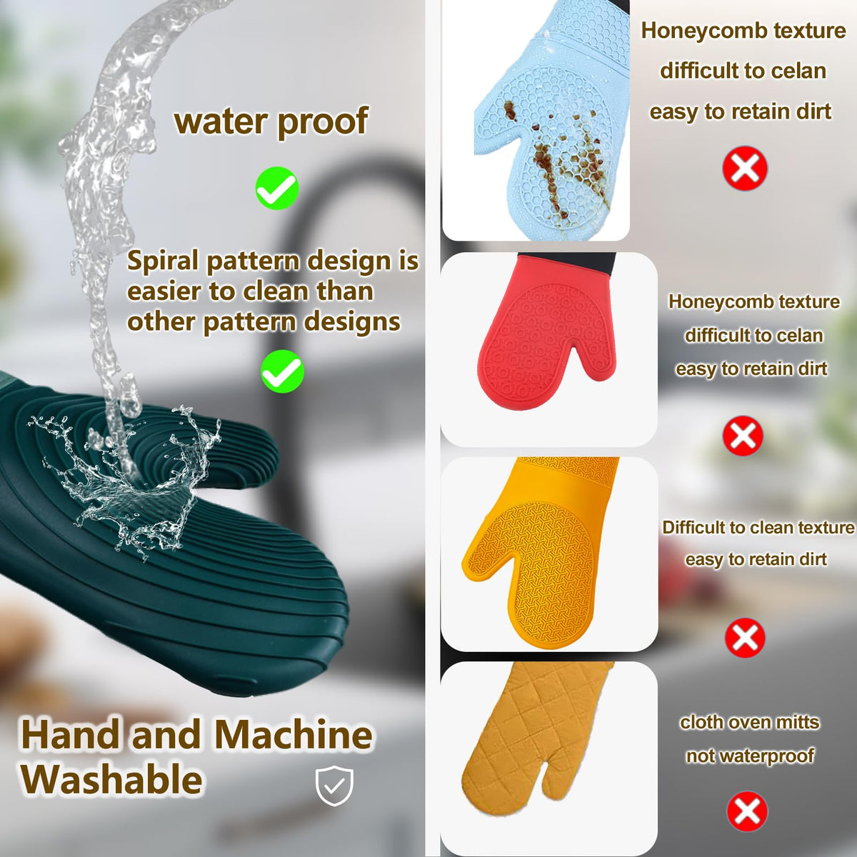 Premium Silicone Oven Mitts – Heat Resistant Up to 500°F, Non-Slip Grip, Easy to Clean, Food Grade & BPA-Free, Ideal for Grilling, Baking, Cooking, Microwave Use (Green)