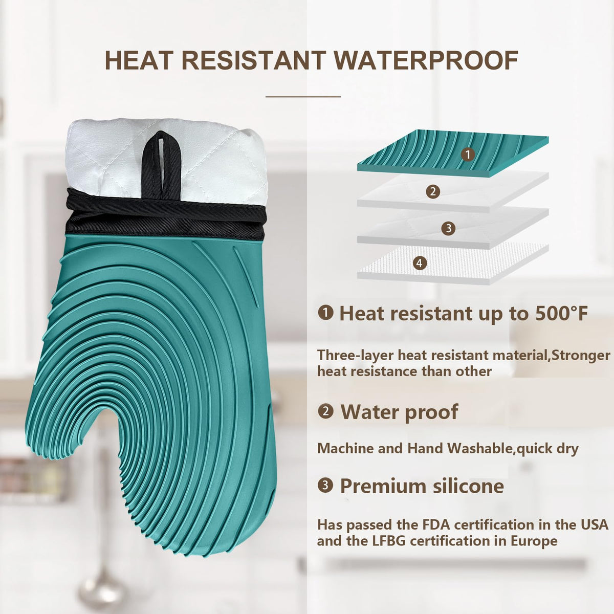 Premium Silicone Oven Mitts – Heat Resistant Up to 500°F, Non-Slip Grip, Easy to Clean, Food Grade & BPA-Free, Ideal for Grilling, Baking, Cooking, Microwave Use (Green)