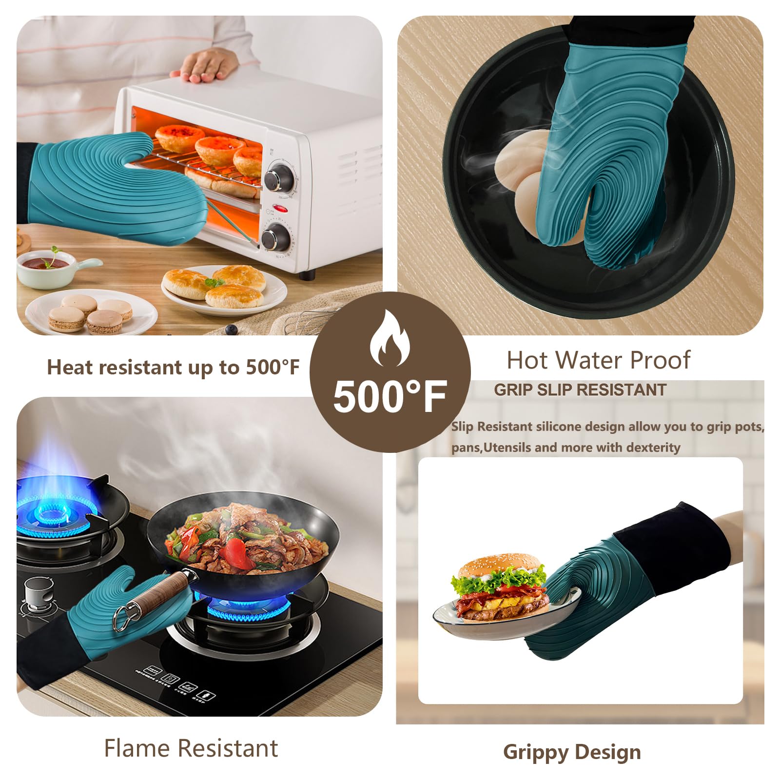 Premium Silicone Oven Mitts – Heat Resistant Up to 500°F, Non-Slip Grip, Easy to Clean, Food Grade & BPA-Free, Ideal for Grilling, Baking, Cooking, Microwave Use (Green)