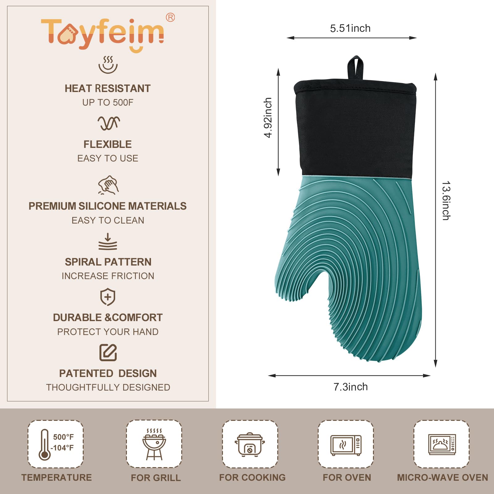 Premium Silicone Oven Mitts – Heat Resistant Up to 500°F, Non-Slip Grip, Easy to Clean, Food Grade & BPA-Free, Ideal for Grilling, Baking, Cooking, Microwave Use (Green)