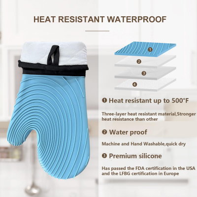 Premium Silicone Oven Mitts – Heat Resistant Up to 500°F, Non-Slip Grip, Easy to Clean, Food Grade & BPA-Free, Ideal for Grilling, Baking, Cooking, Microwave Use (Blue)