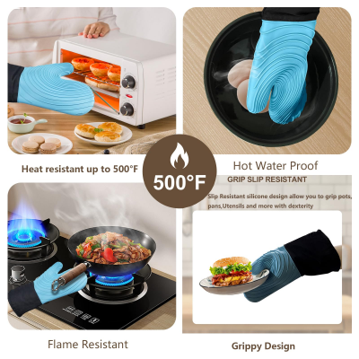 Premium Silicone Oven Mitts – Heat Resistant Up to 500°F, Non-Slip Grip, Easy to Clean, Food Grade & BPA-Free, Ideal for Grilling, Baking, Cooking, Microwave Use (Blue)
