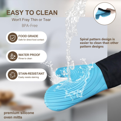 Premium Silicone Oven Mitts – Heat Resistant Up to 500°F, Non-Slip Grip, Easy to Clean, Food Grade & BPA-Free, Ideal for Grilling, Baking, Cooking, Microwave Use (Blue)