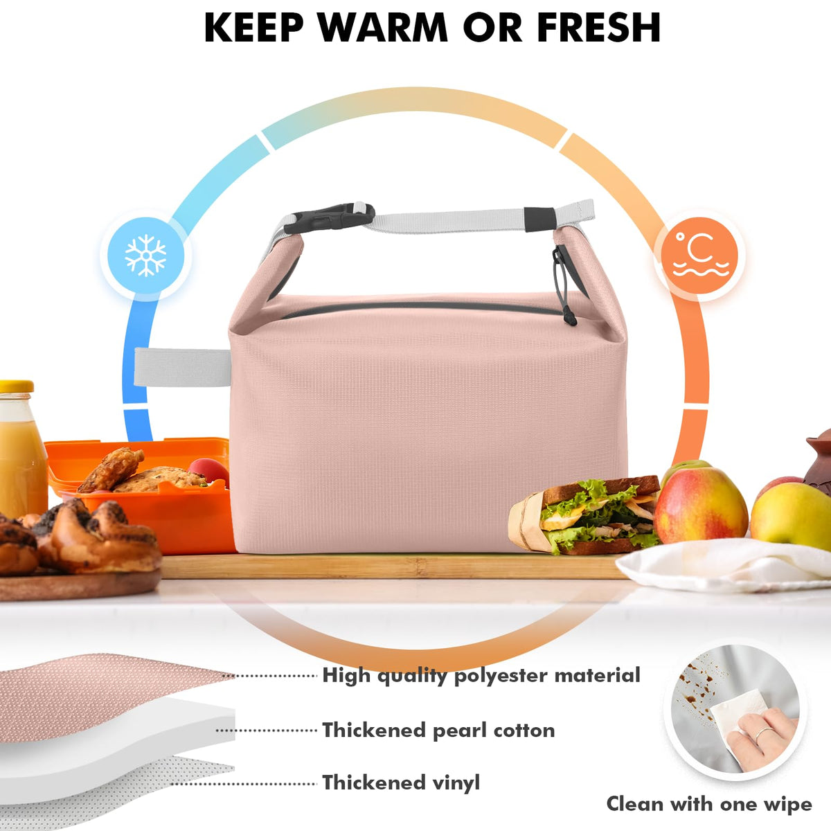Foldable Lunch Bag – Reusable Insulated Cooler Tote with Waterproof Zipper, Leak-Proof Design, Lightweight & Compact, Ideal for Work, School, Picnic, Travel (Pink)