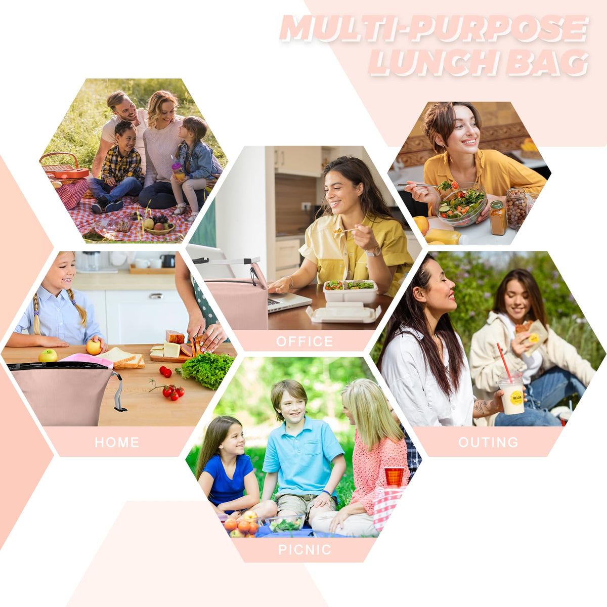 Foldable Lunch Bag – Reusable Insulated Cooler Tote with Waterproof Zipper, Leak-Proof Design, Lightweight & Compact, Ideal for Work, School, Picnic, Travel (Pink)