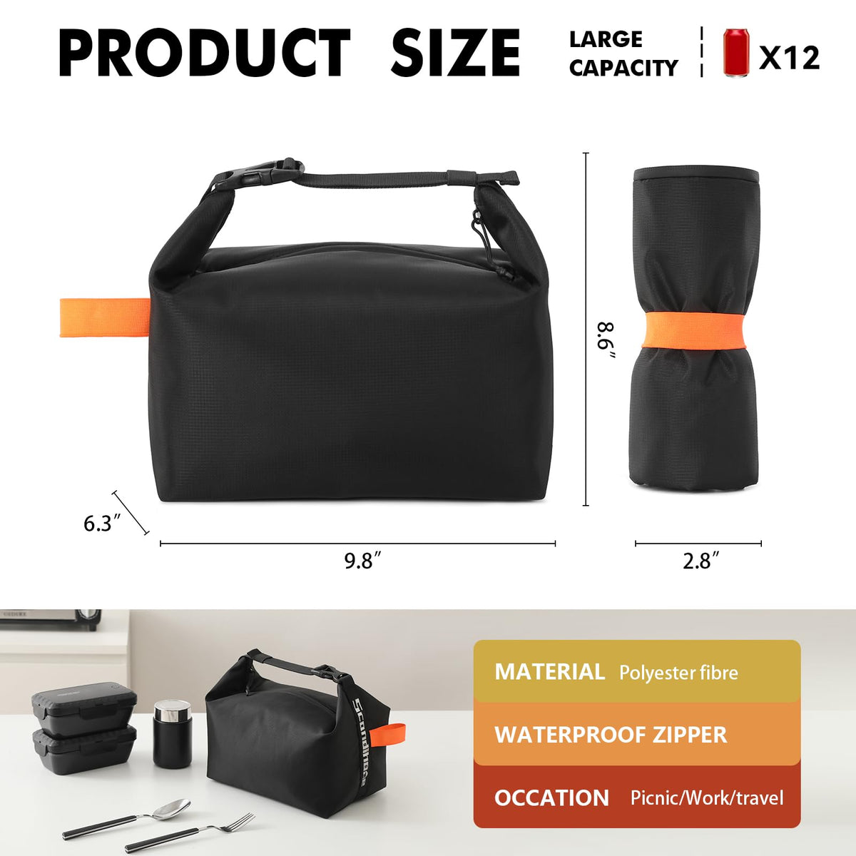 Foldable Lunch Bag – Reusable Insulated Cooler Tote with Waterproof Zipper, Leak-Proof Design, Lightweight & Compact, Ideal for Work, School, Picnic, Travel (Black)