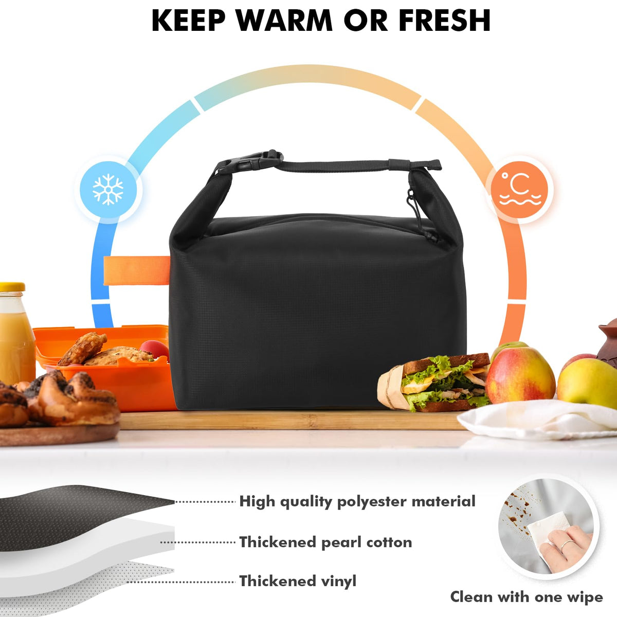 Foldable Lunch Bag – Reusable Insulated Cooler Tote with Waterproof Zipper, Leak-Proof Design, Lightweight & Compact, Ideal for Work, School, Picnic, Travel (Black)