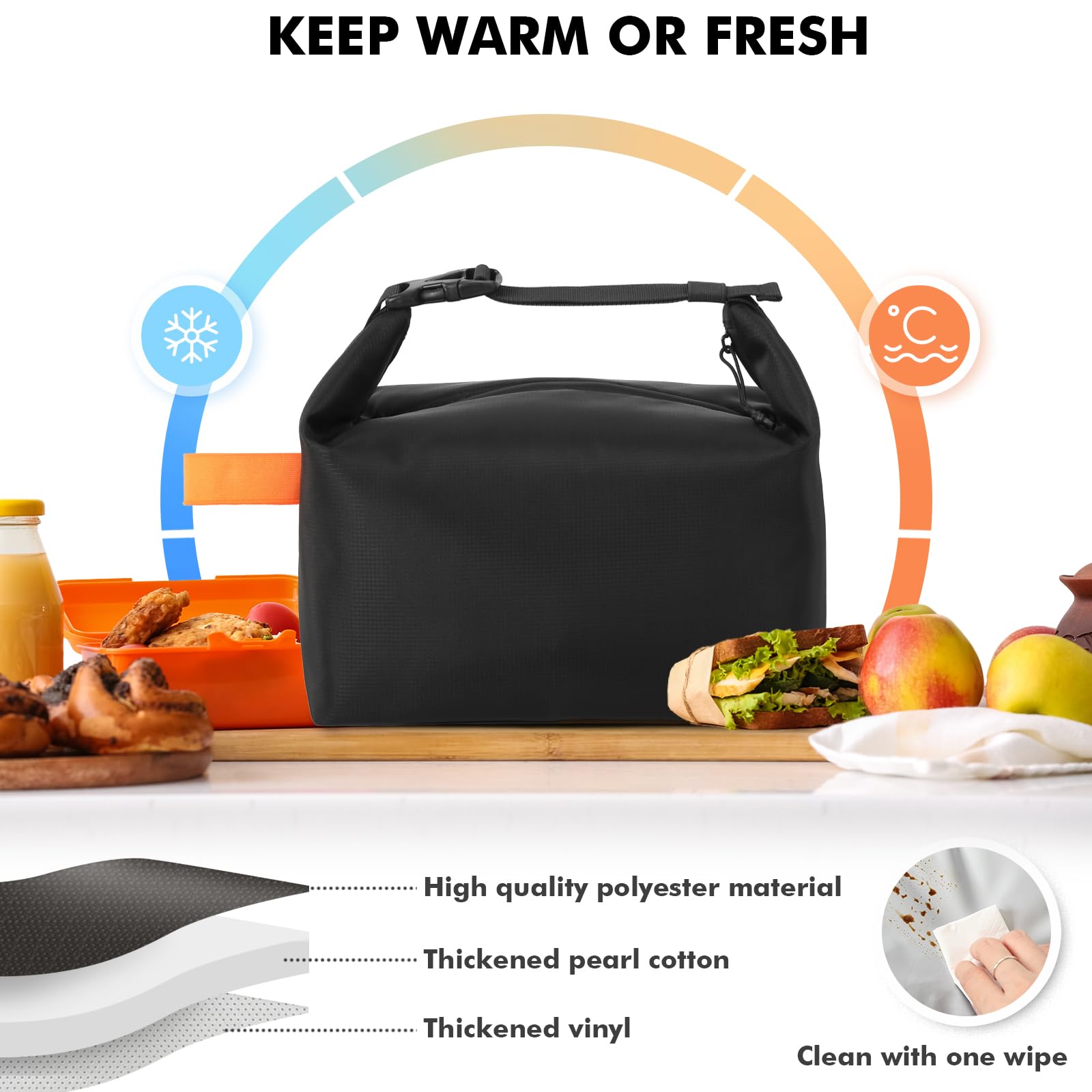 Foldable Lunch Bag – Reusable Insulated Cooler Tote with Waterproof Zipper, Leak-Proof Design, Lightweight & Compact, Ideal for Work, School, Picnic, Travel (Black)