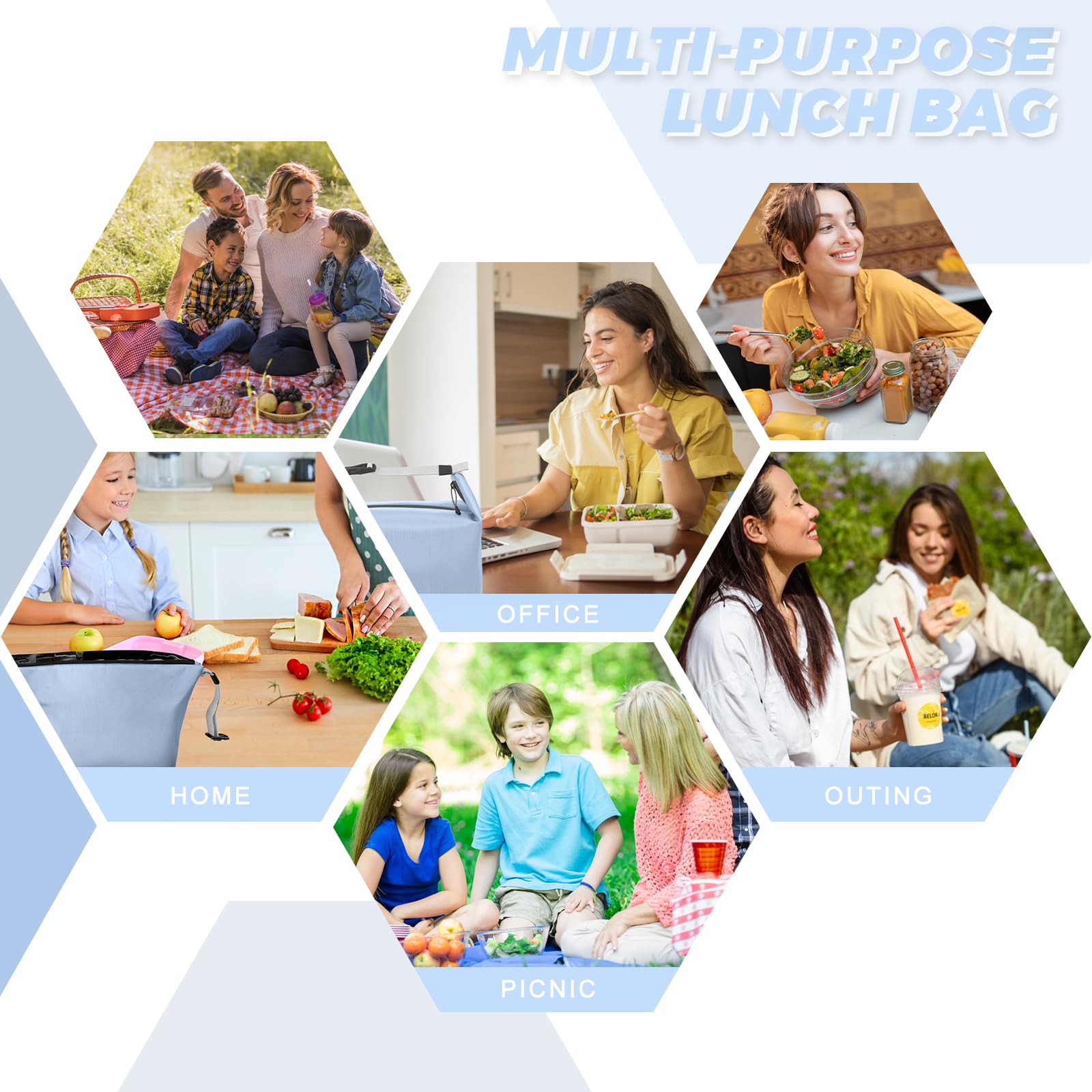 Foldable Lunch Bag – Reusable Insulated Cooler Tote with Waterproof Zipper, Leak-Proof Design, Lightweight & Compact, Ideal for Work, School, Picnic, Travel (Blue)