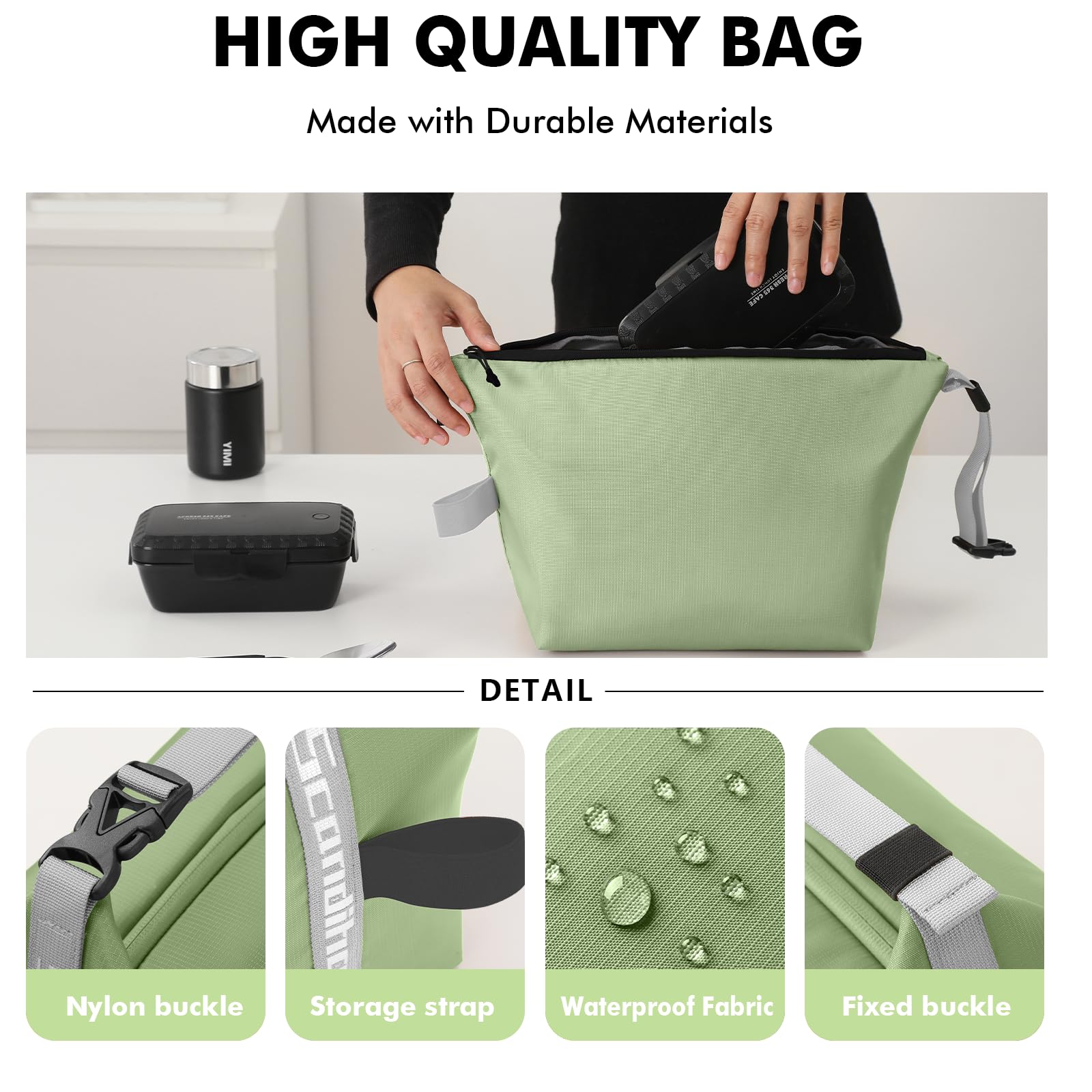 Foldable Lunch Bag – Reusable Insulated Cooler Tote with Waterproof Zipper, Leak-Proof Design, Lightweight & Compact, Ideal for Work, School, Picnic, Travel (Green)