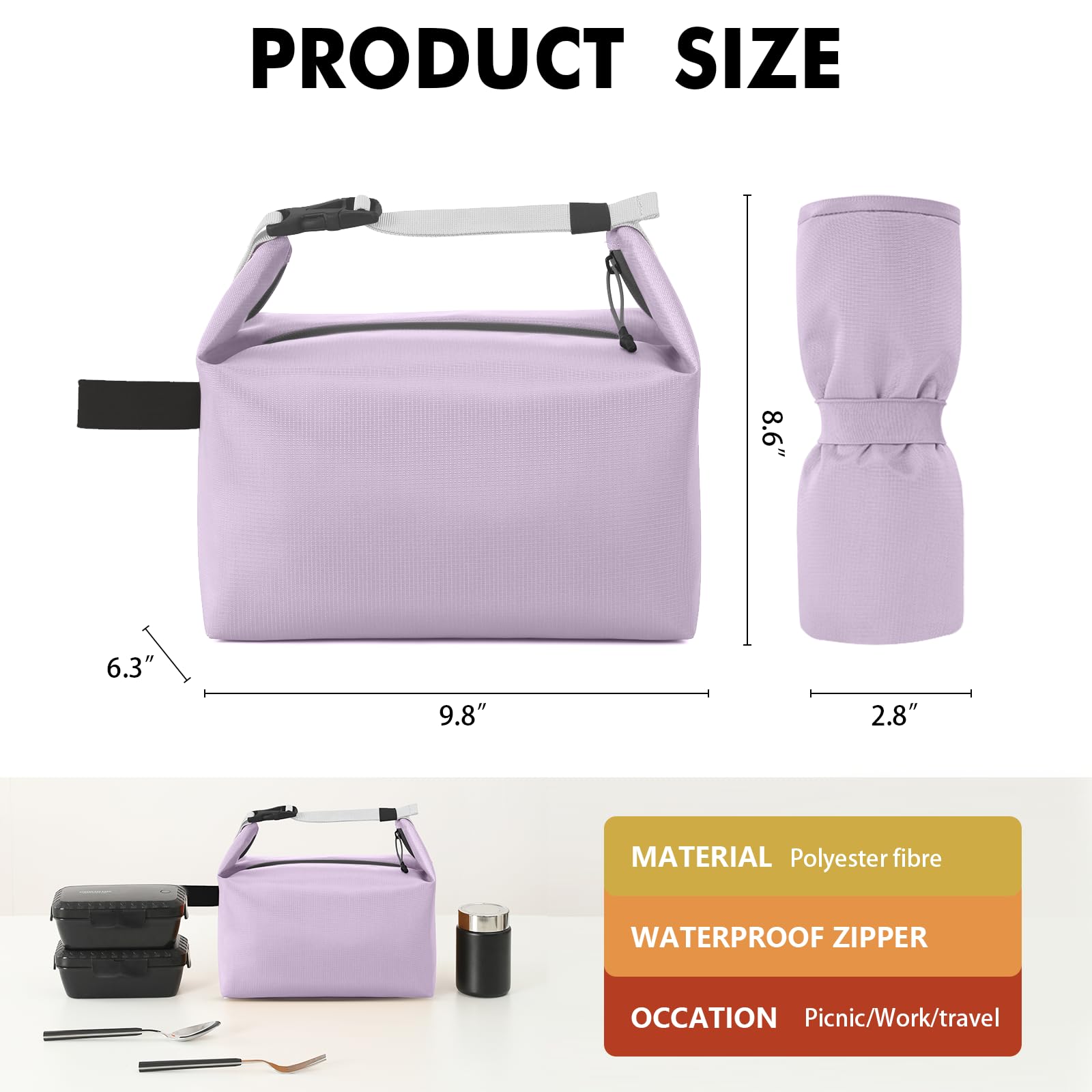 Foldable Lunch Bag – Reusable Insulated Cooler Tote with Waterproof Zipper, Leak-Proof Design, Lightweight & Compact, Ideal for Work, School, Picnic, Travel (Purple)