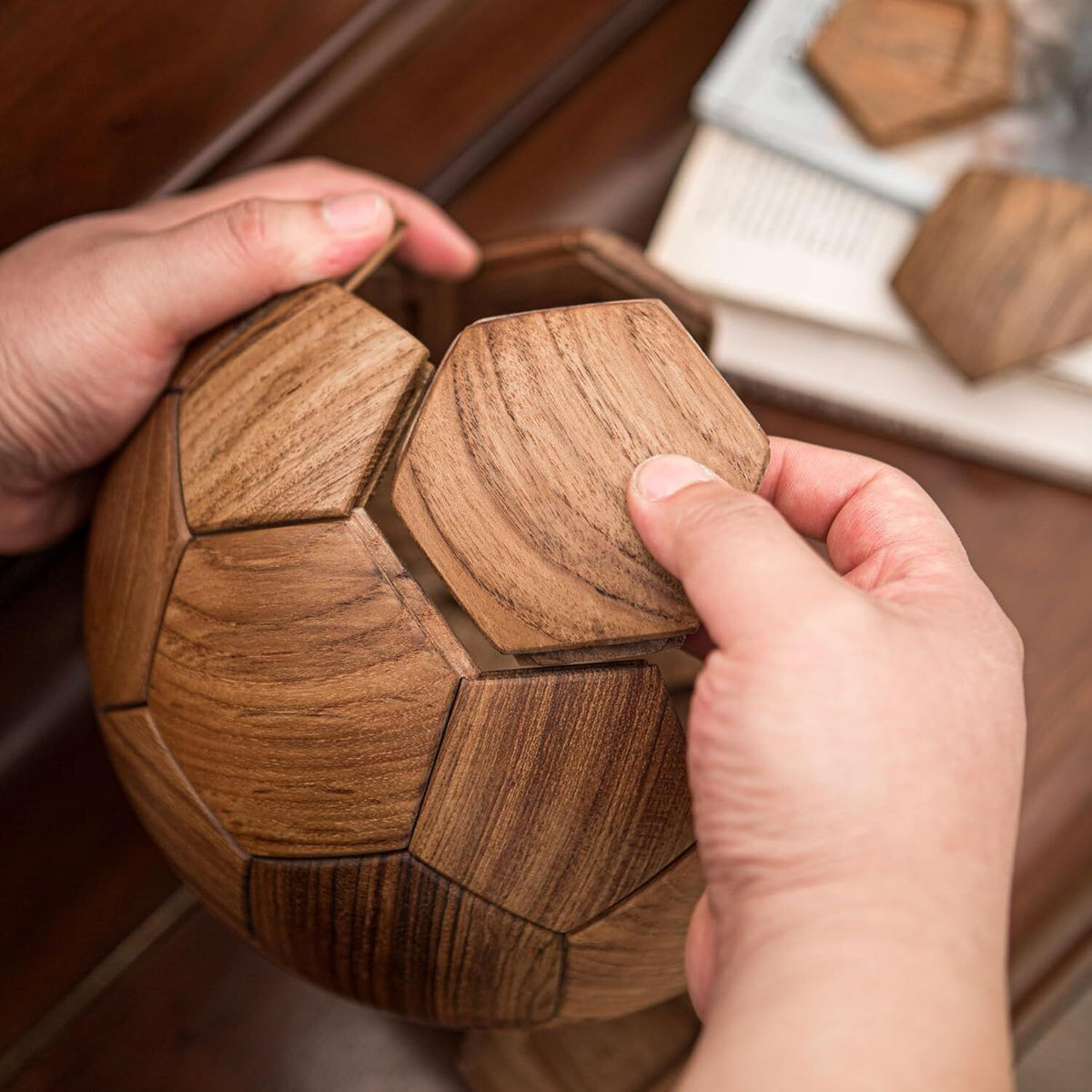 Handcrafted Wooden Football Puzzle – 3D Mortise and Tenon Soccer Ball Assembly Kit | Solid Teak, Beech Wood | DIY Gift for Adults, Kids & Football Fans