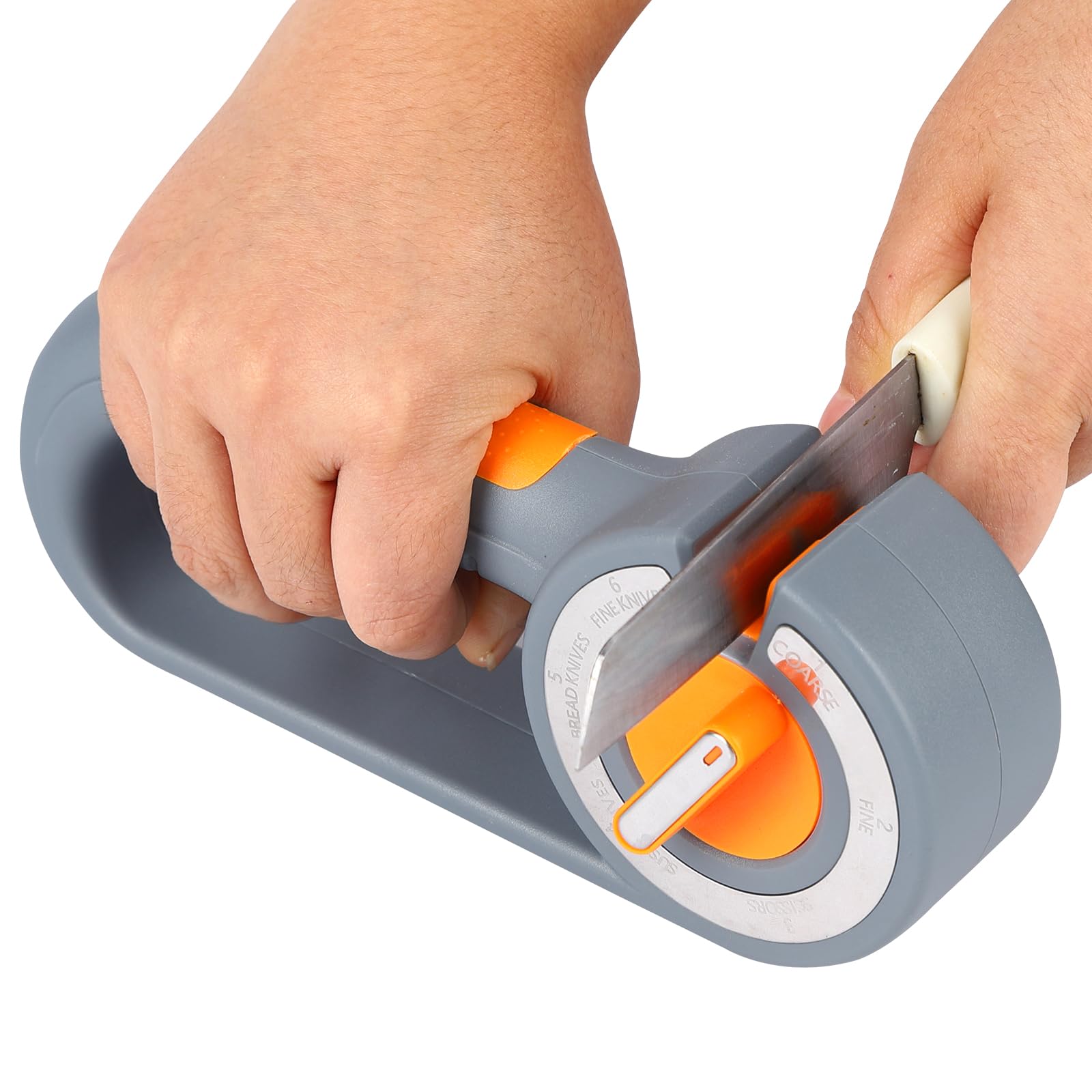 6-in-1 Rotary Knife Sharpener – Adjustable Multi-Function Sharpener for Knives, Scissors, Sushi & Bread Knives, Fast & Easy Sharpening Tool for Home Kitchen Use (Gray)
