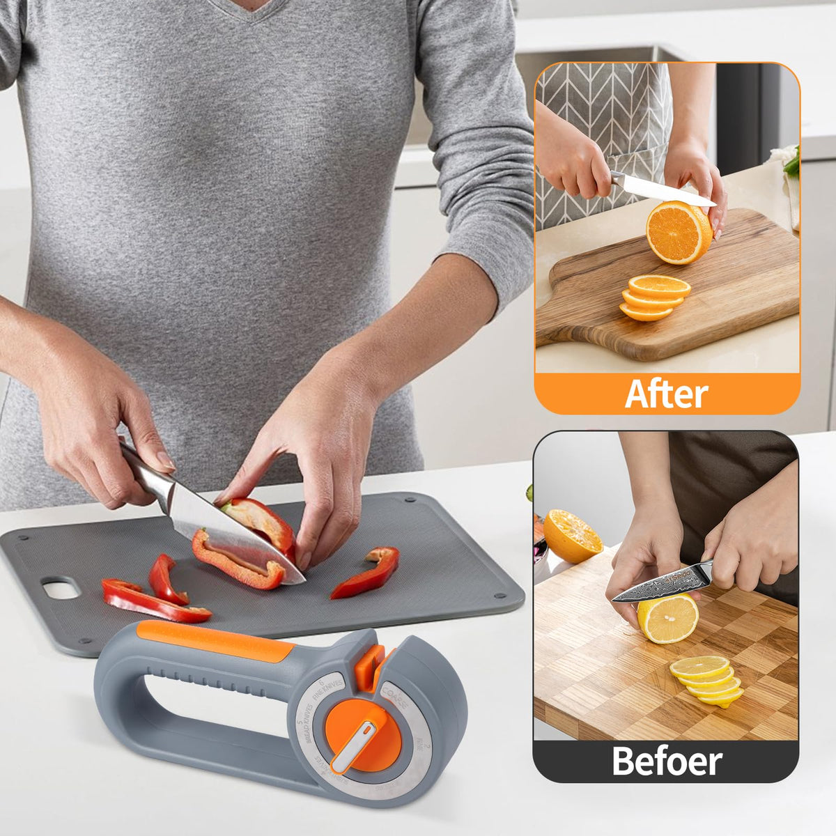 6-in-1 Rotary Knife Sharpener – Adjustable Multi-Function Sharpener for Knives, Scissors, Sushi & Bread Knives, Fast & Easy Sharpening Tool for Home Kitchen Use (Gray)