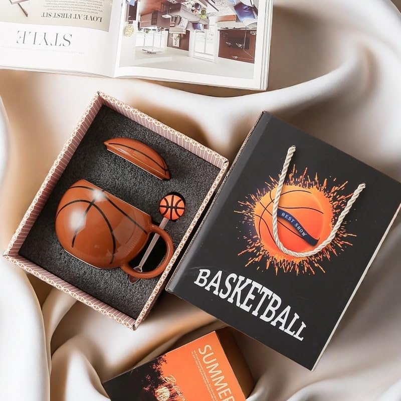 Basketball-Themed Ceramic Mug with Lid and Spoon – Fun Sports Gift for Fans, Players, Coaches & Kids – 14oz Coffee Tea Cup with Basketball Design (Red)