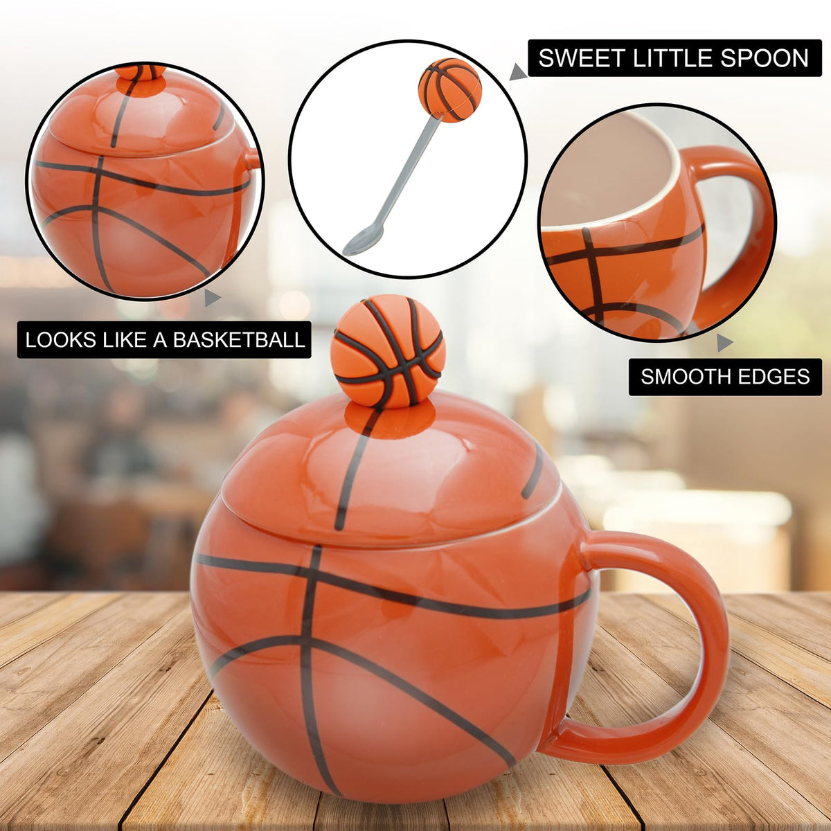 Basketball-Themed Ceramic Mug with Lid and Spoon – Fun Sports Gift for Fans, Players, Coaches & Kids – 14oz Coffee Tea Cup with Basketball Design (Red)