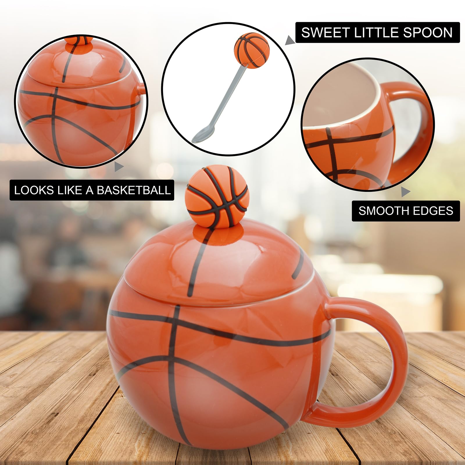 Basketball-Themed Ceramic Mug with Lid and Spoon – Fun Sports Gift for Fans, Players, Coaches & Kids – 14oz Coffee Tea Cup with Basketball Design (Red)