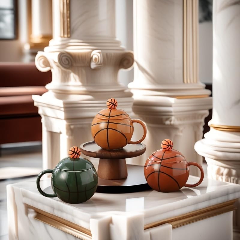 Basketball-Themed Ceramic Mug with Lid and Spoon – Fun Sports Gift for Fans, Players, Coaches & Kids – 14oz Coffee Tea Cup with Basketball Design (Red)